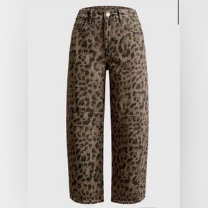 Flamingals Leopard Stitch Detail Mid Rise Barrel Leg Crop Pants XL